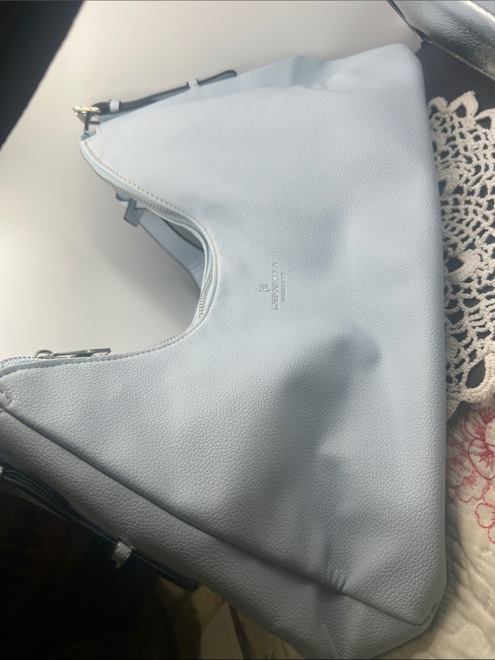 London Fog Pale Blue Pebbled Leather Shoulder Bag